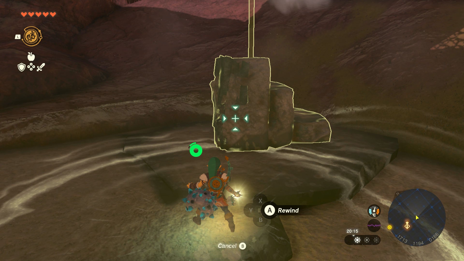 Link targeting a large rock with the Rewind power in Zelda: Tears of the Kingdom - 5