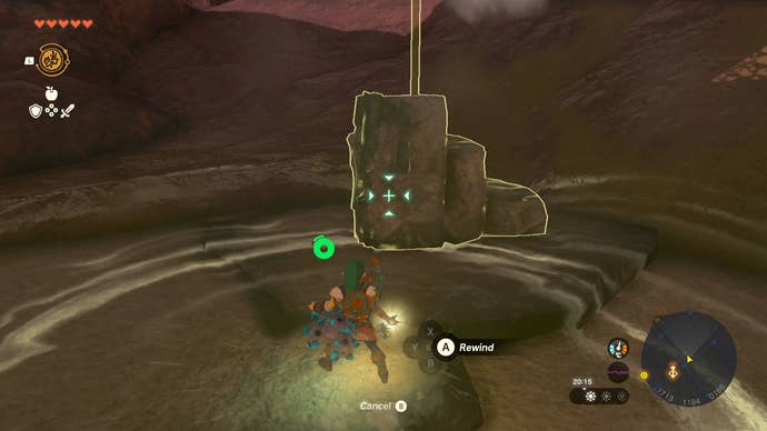Link targeting a large rock with the Rewind power in Zelda: Tears of the Kingdom