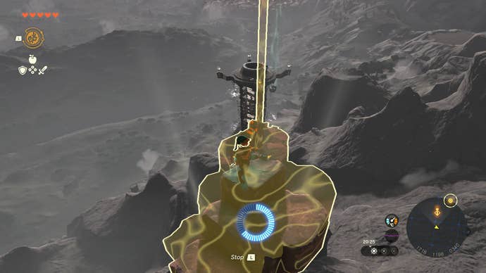 Link using the Rewind power to ride a large rock into the sky in Zelda: Tears of the Kingdom