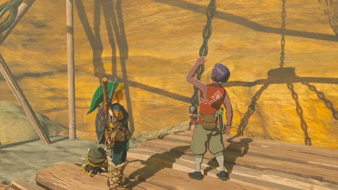 Link talking to Sawson outside Gerudo Canyon Skyview Tower in Zelda: Tears of the Kingdom