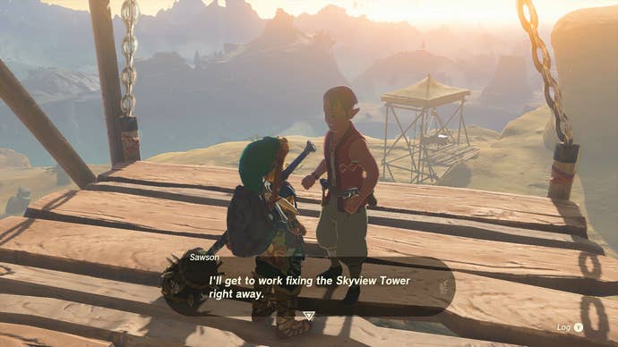 Link fixing the elevator outside Gerudo Canyon Skyview Tower in Zelda: Tears of the Kingdom