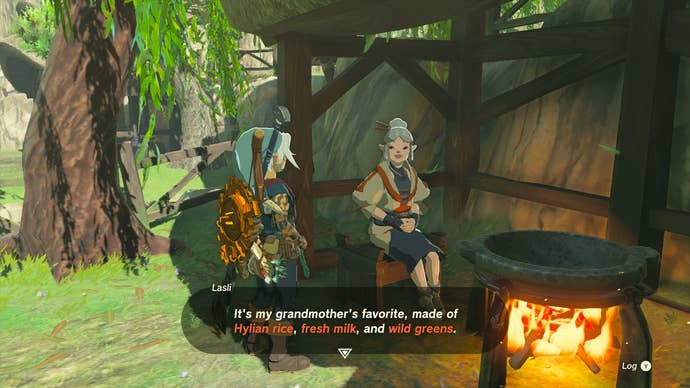 Link speaking to Lasli by a fireplace during the Gloom-borne Illness quest in Zelda: Tears of the Kingdom