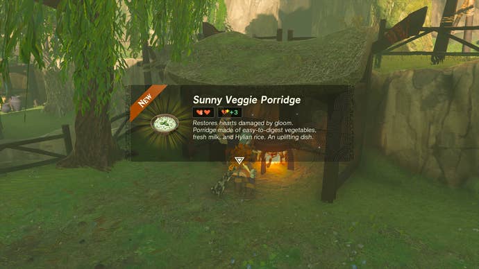 Link making Sunny Veggie Porridge for the Gloom-borne Illness quest in Zelda: Tears of the Kingdom