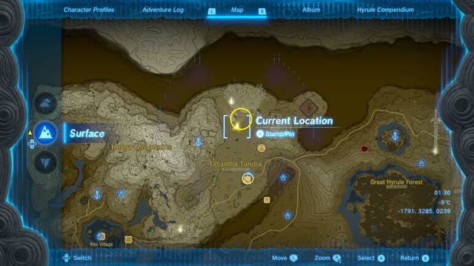 A map screen showing the location of Zelda's Golden Horse in Zelda: Tears of the Kingdom