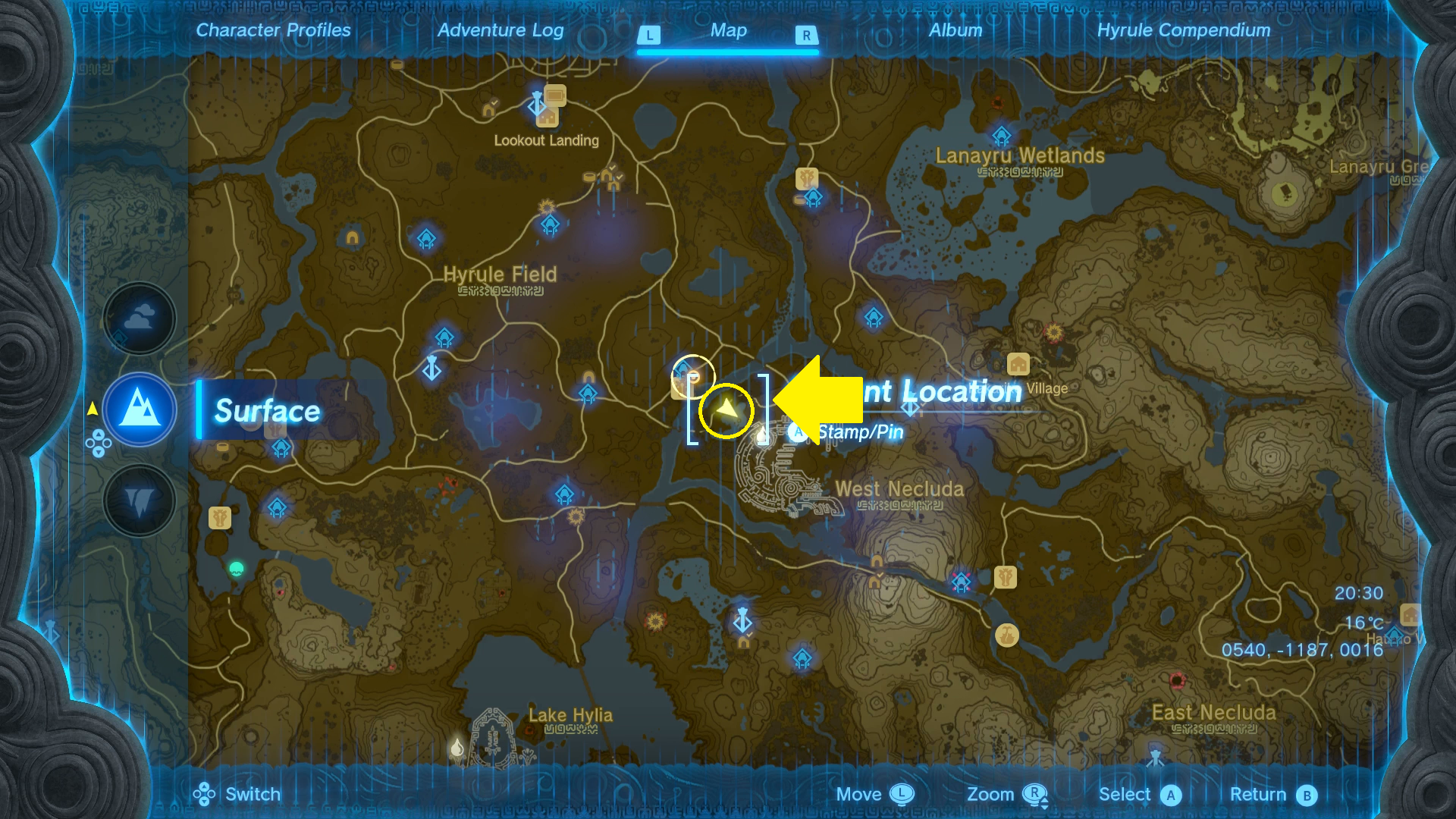 A map screen showing the location of the Gourmets in Zelda: Tears of the Kingdom