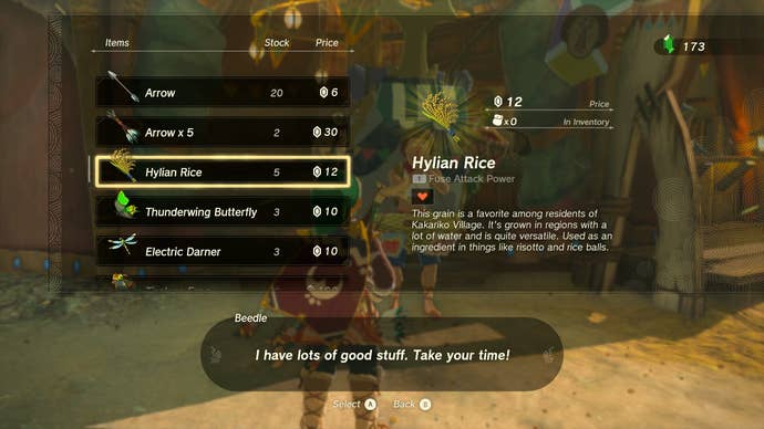 Link buying Hylian Rice in Zelda: Tears of the Kingdom
