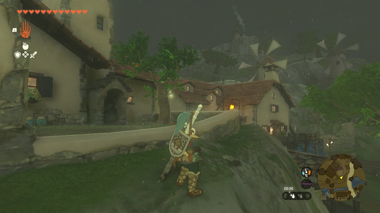 Link surveying Hateno Village in Zelda: Tears of the Kingom