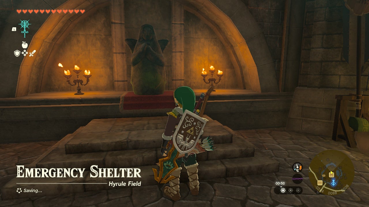 Link standing next to the goddess statue that upgrades hearts and stamina in Zelda: Tears of the Kingdom - 3