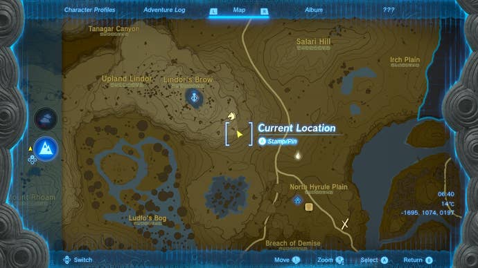 A map screen showing Hestu's first location in Zelda: Tears of the Kingdom