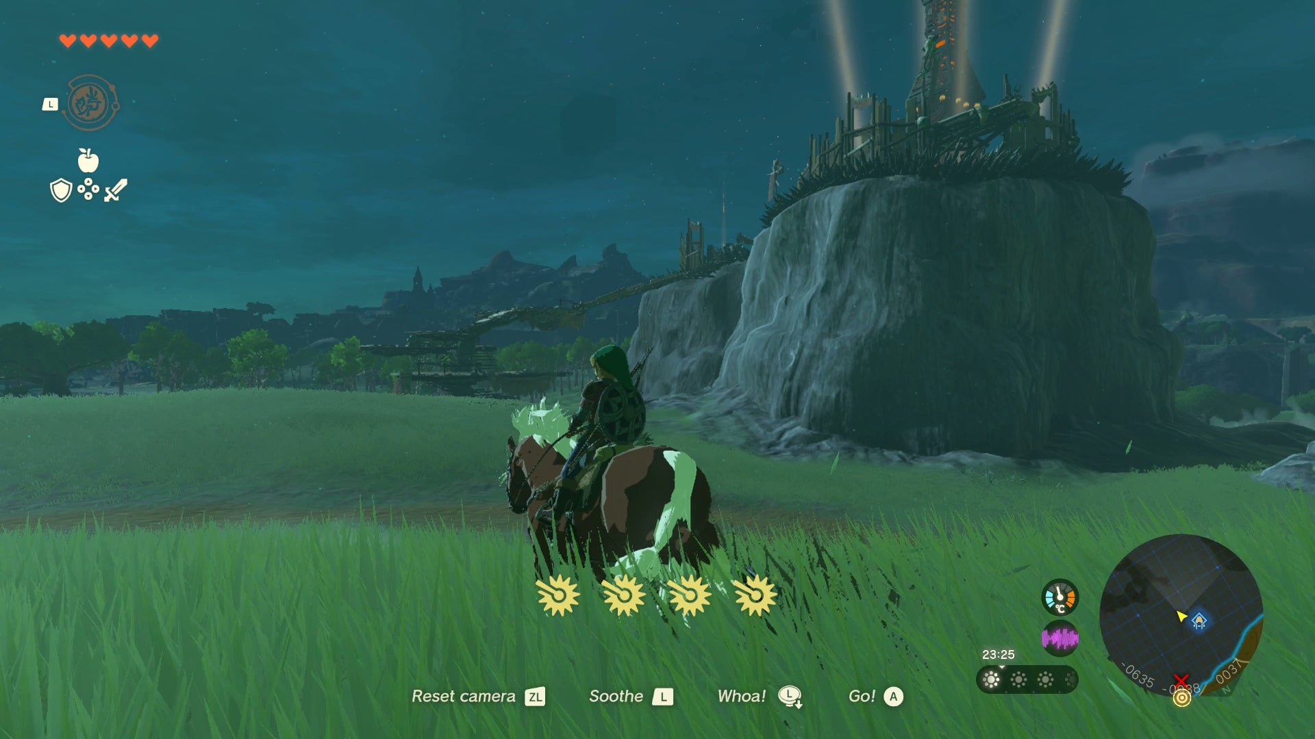 Link riding a horse towards Hyrule Field Skyview Tower in Zelda: Tears of the Kingdom - 1