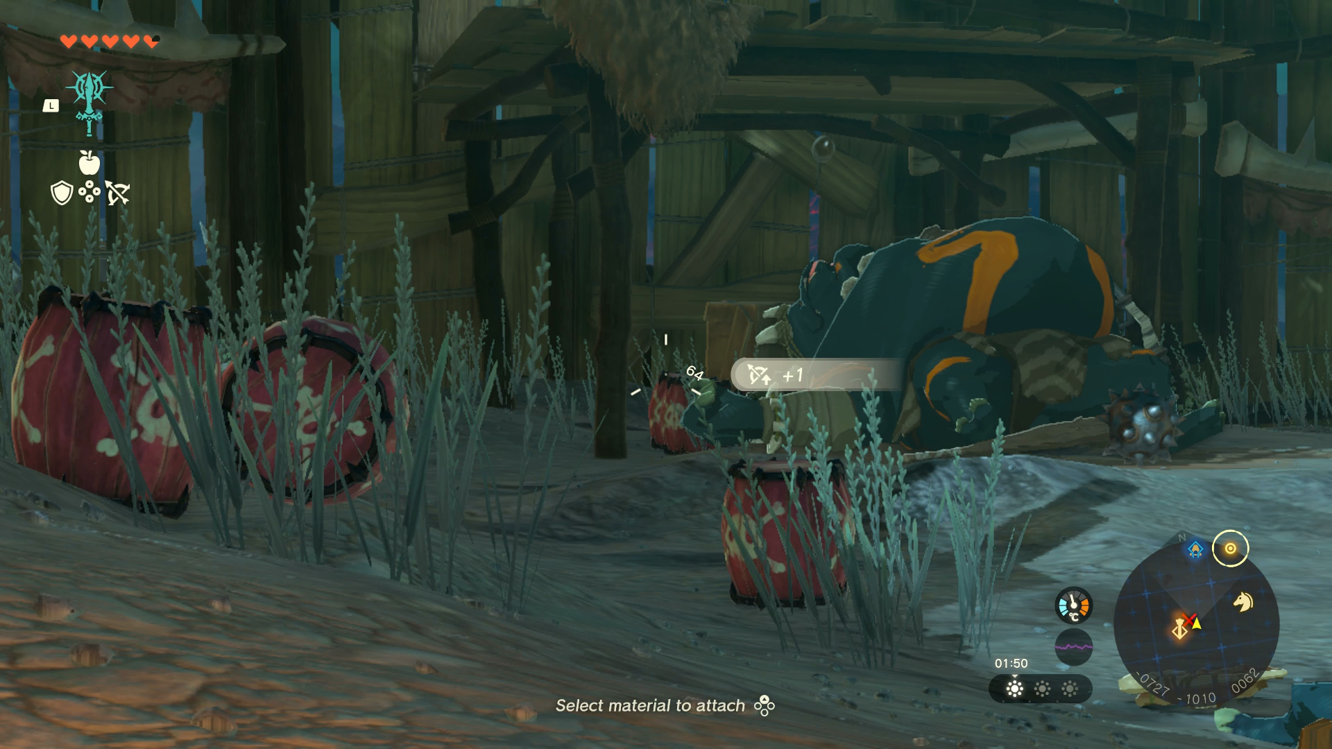 Link targeting an explosive barrel by a sleeping Bokoblin in Zelda: Tears of the Kingdom