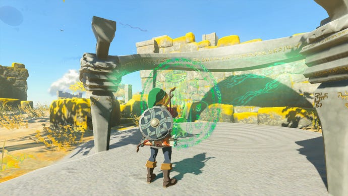 Link activating the entrance to Jinodok Shrine in Zelda: Tears of the Kingdom