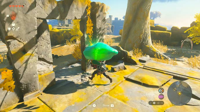 Link carrying a giant green crystal outside Jinodok Shrine in Zelda: Tears of the Kingdom