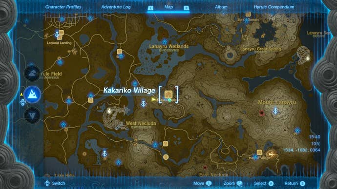 A map screen showing the location of Kakariko Village in Zelda: Tears of the Kingdom