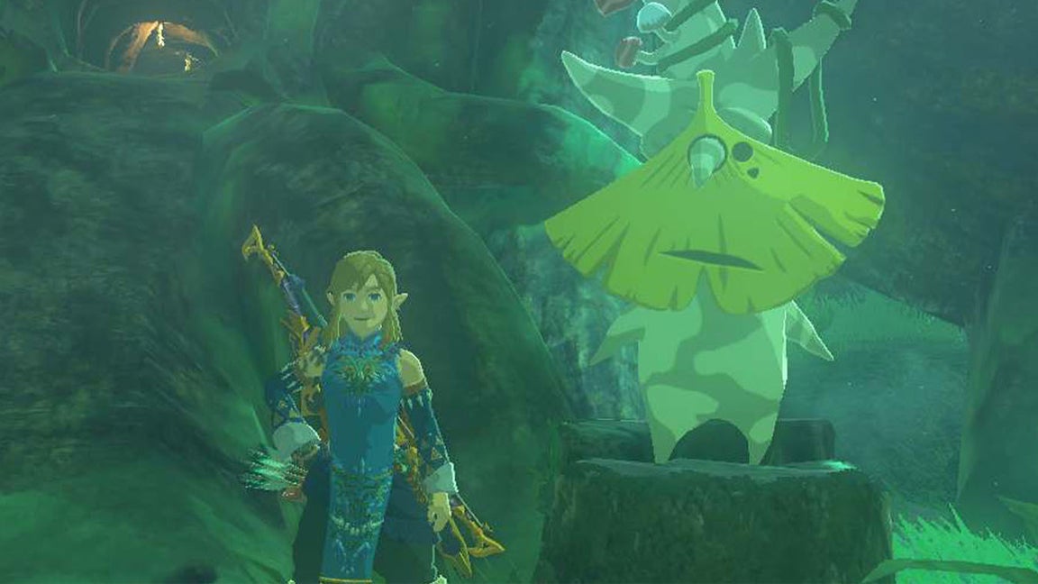 Link standing by a Korok in Zelda Tears of the Kingdom.