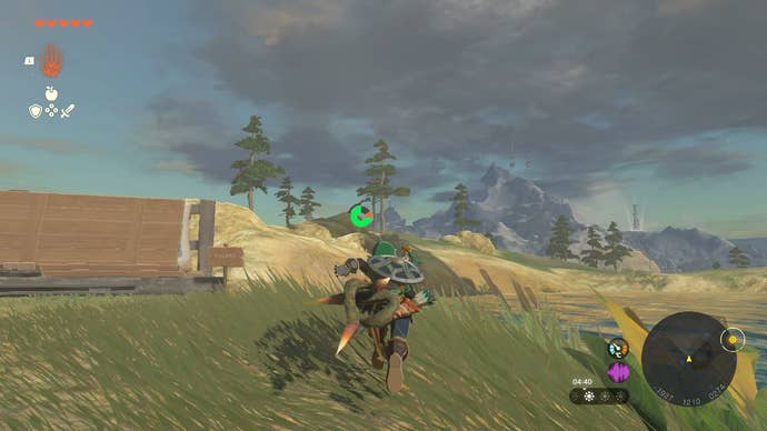 Link contemplating the construction materials next to Lindor's Brow Skyview Tower in Zelda: Tears of the Kingdom