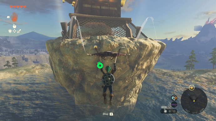 Link gliding towards Lindor’s Brow Skyview Tower in Zelda: Tears of the Kingdom