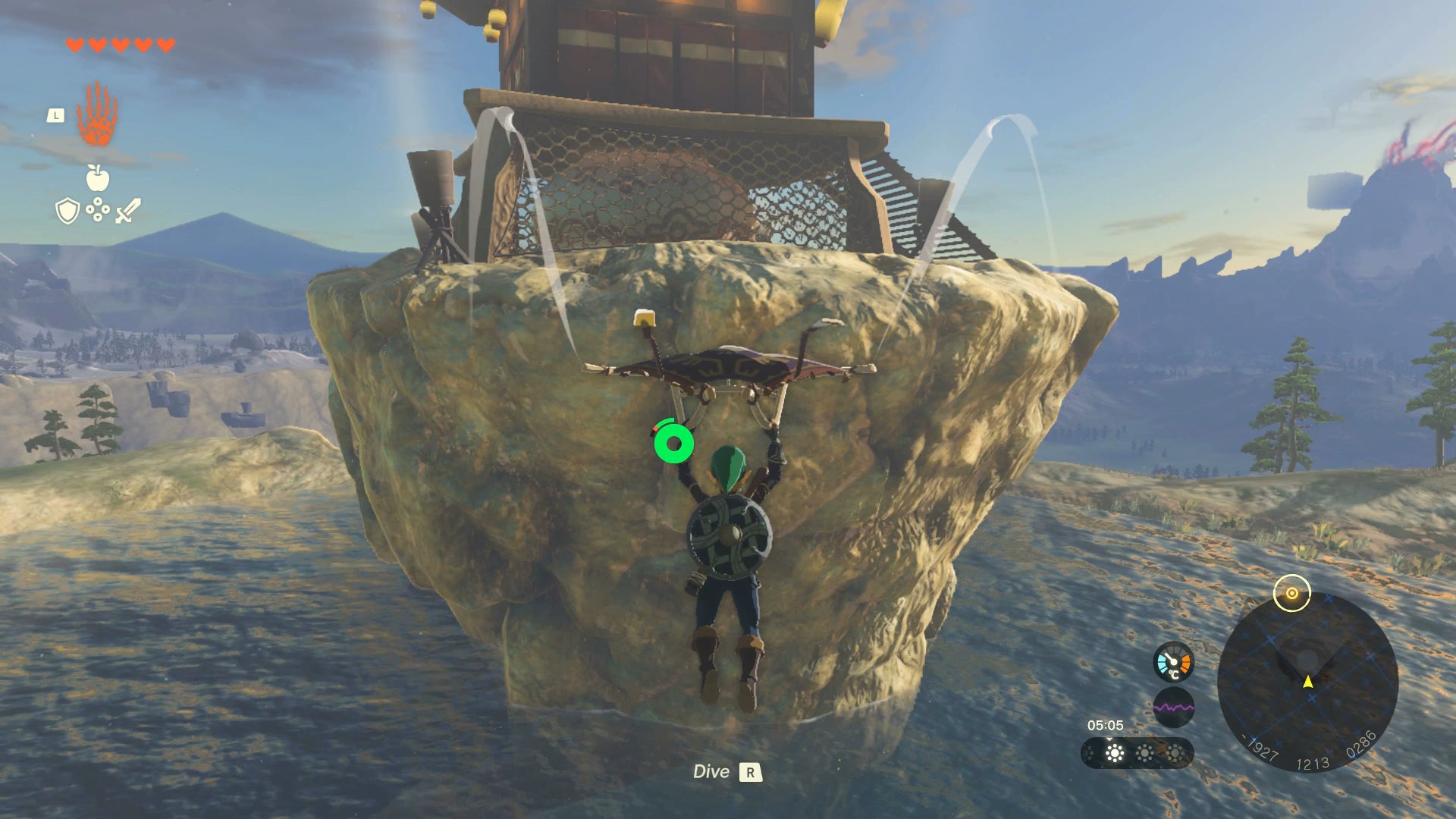 Link gliding towards Lindor's Brow Skyview Tower in Zelda: Tears of the Kingdom - 1