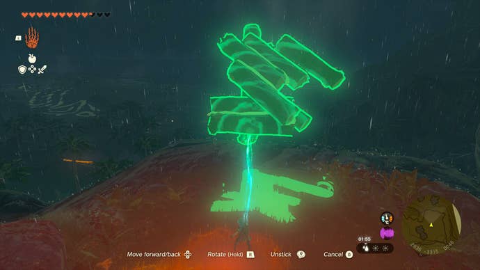 Link carrying a huge bundle of logs towards Lurelin Village in Zelda: Tears of the Kingdom