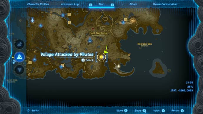 A map screen showing where to find logs near Lurelin Village in Zelda: Tears of the Kingdom
