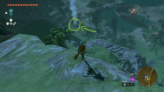 Link gliding towards a smoking well in Lurelin Village in Zelda: Tears of the Kingdom