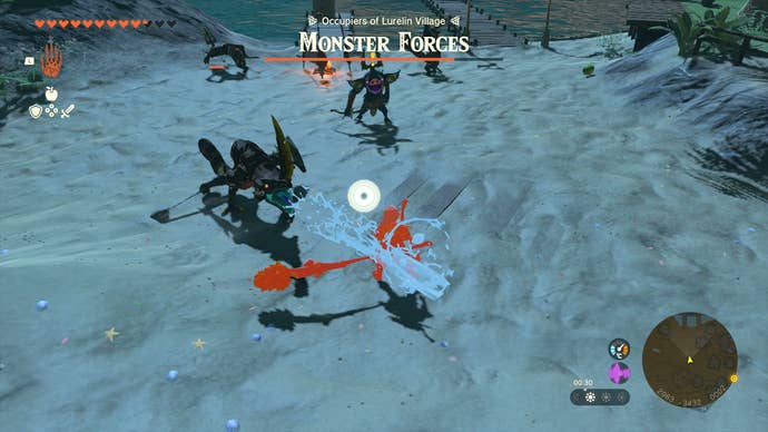 Link fighting pirates on the Lurelin Village beach in Zelda: Tears of the Kingdom