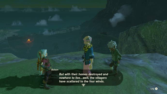 Link speaking to Bolson about the pirates in Lurelin Village in Zelda: Tears of the Kingdom