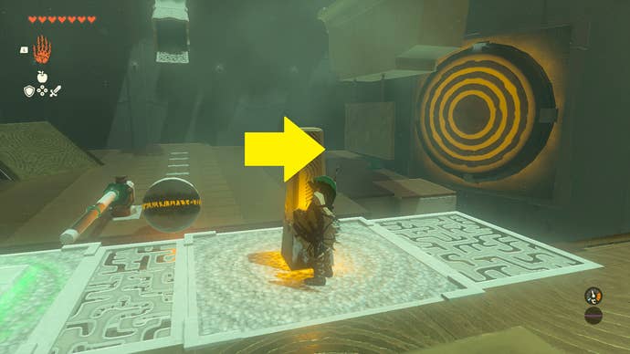 Link striking a second target with a ball inside Mayachin Shrine in Zelda: Tears of the Kingdom
