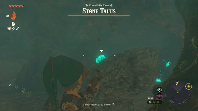 Link targeting the weak point of a Stone Talus in Zelda: Tears of the Kingdom
