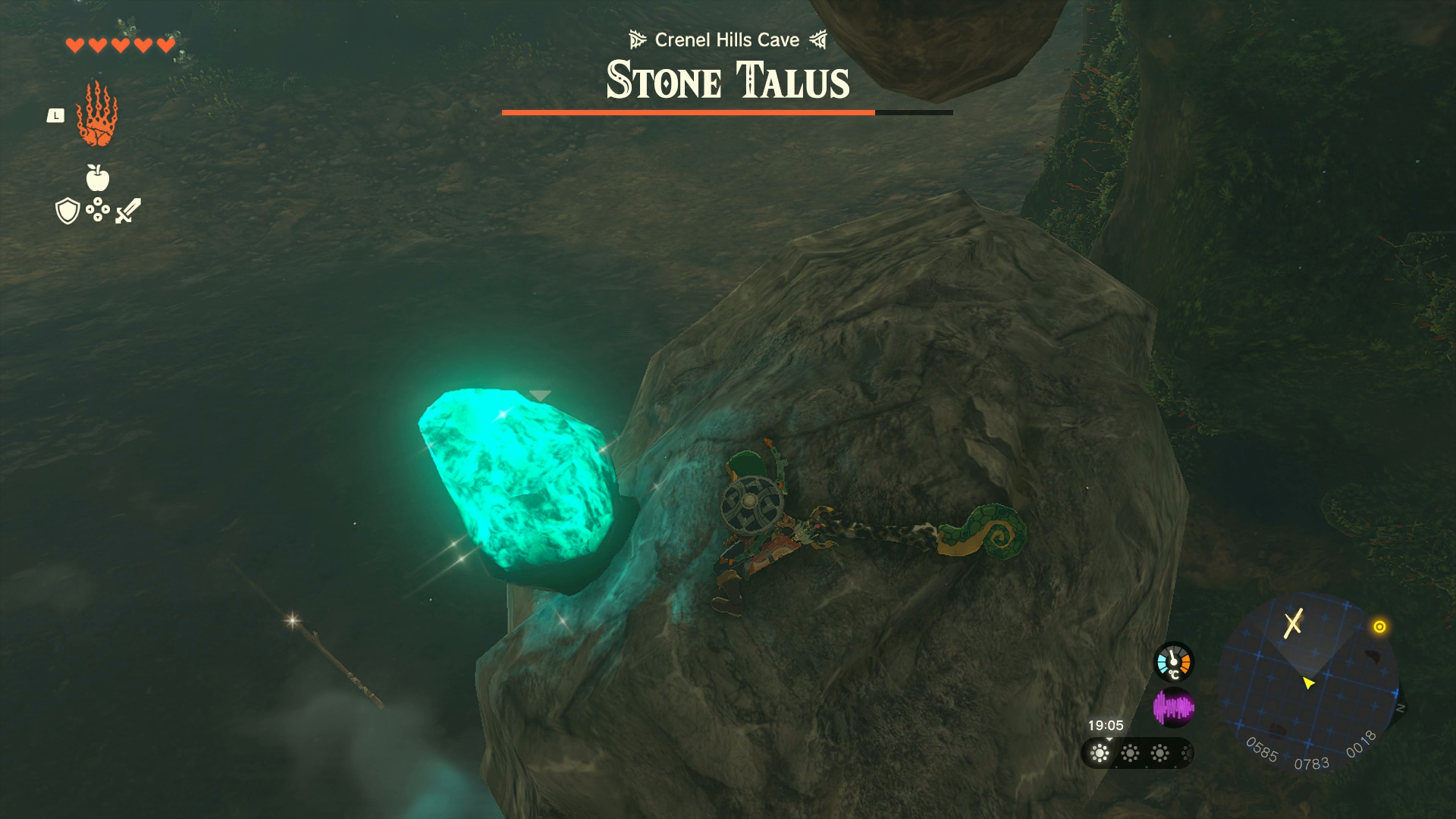Link attacking the weak point of a Stone Talus with a melee weapon in Zelda: Tears of the Kingdom