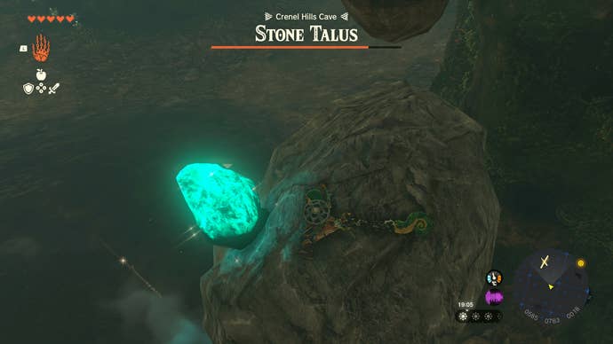 Link attacking the weak point of a Stone Talus with a melee weapon in Zelda: Tears of the Kingdom
