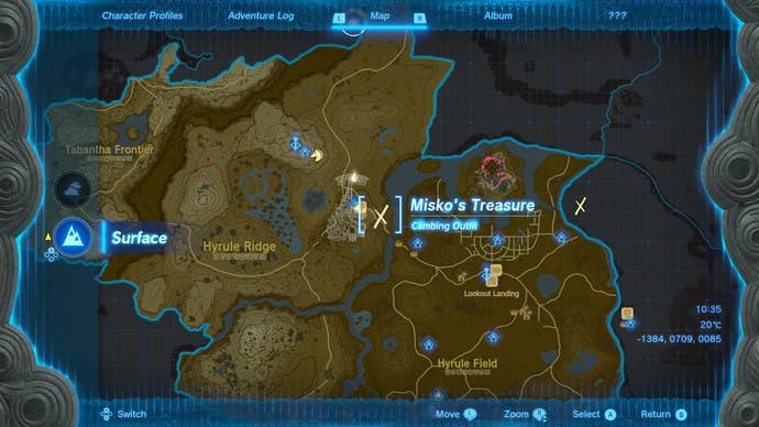 A map screen showing part of Misko's Treasure in Zelda: Tears of the Kingdom