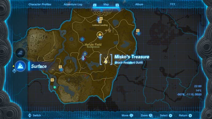 A map screen showing part of Misko's Treasure in Zelda: Tears of the Kingdom