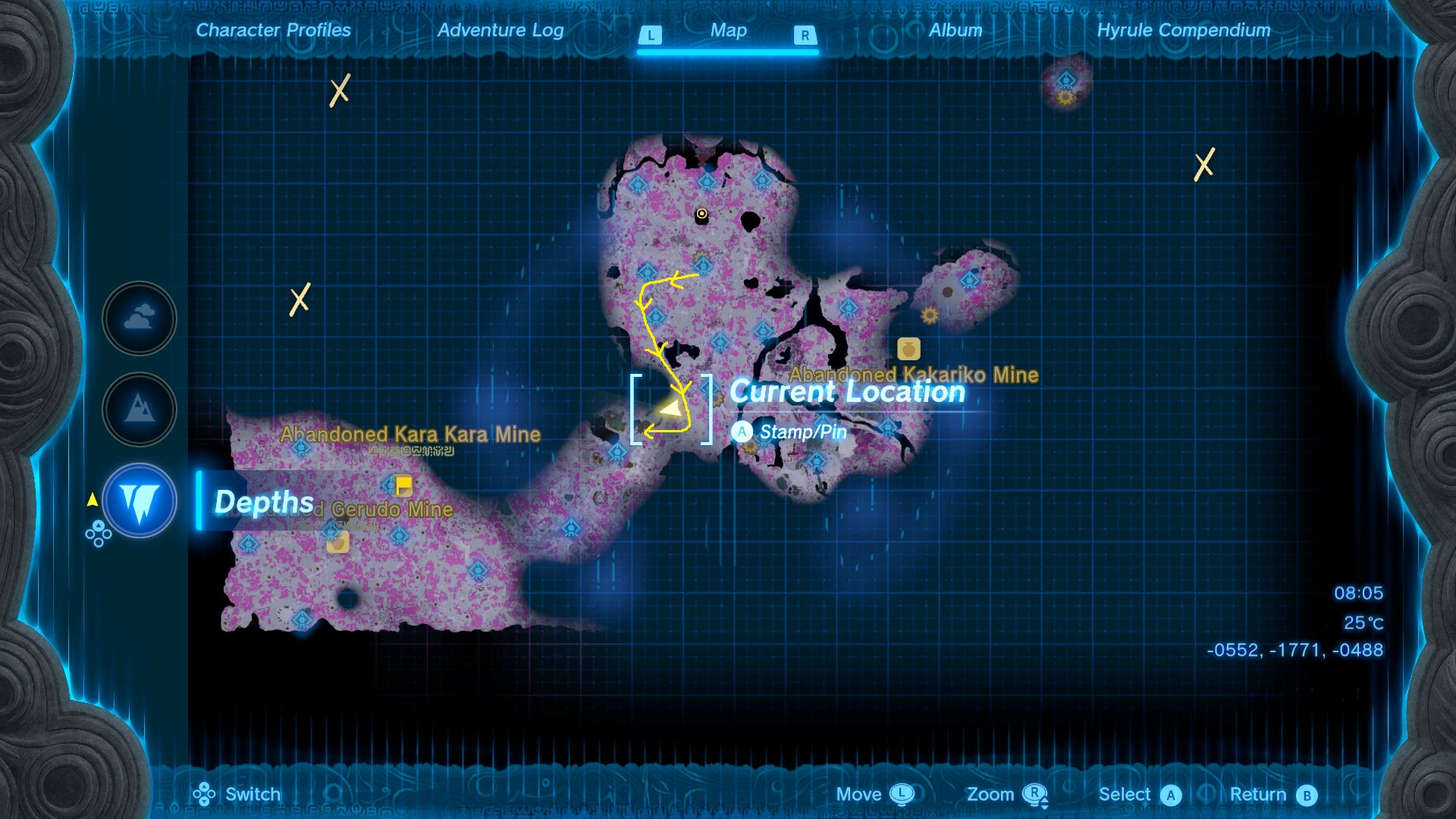 A map screen showing the trail of minotaur statues in the underground in Zelda: Tears of the Kingdom - 7