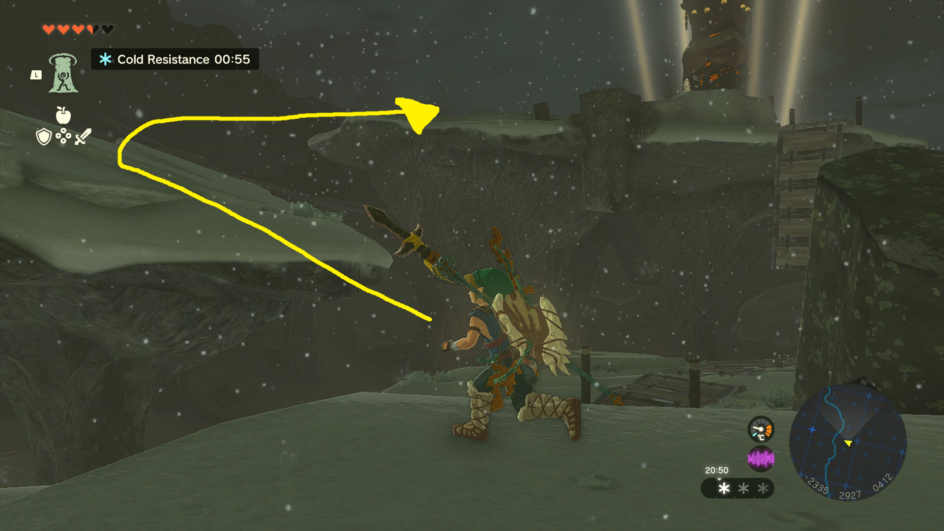Link wading through snow towards Pikida Stonegrove Skyview Tower in Zelda: Tears of the Kingdom