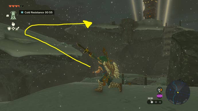 Link wading through snow towards Pikida Stonegrove Skyview Tower in Zelda: Tears of the Kingdom