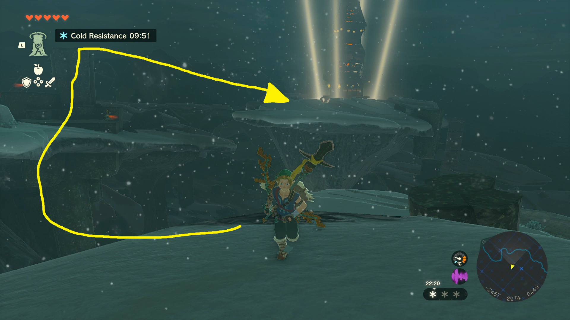 Link climbing towards Pikida Stonegrove Skyview Tower in Zelda: Tears of the Kingdom