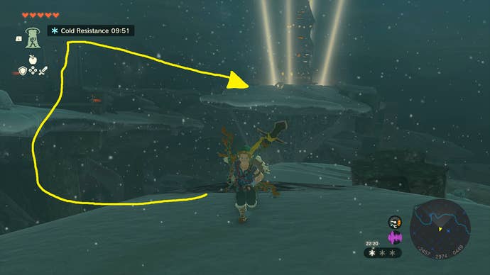 Link climbing towards Pikida Stonegrove Skyview Tower in Zelda: Tears of the Kingdom