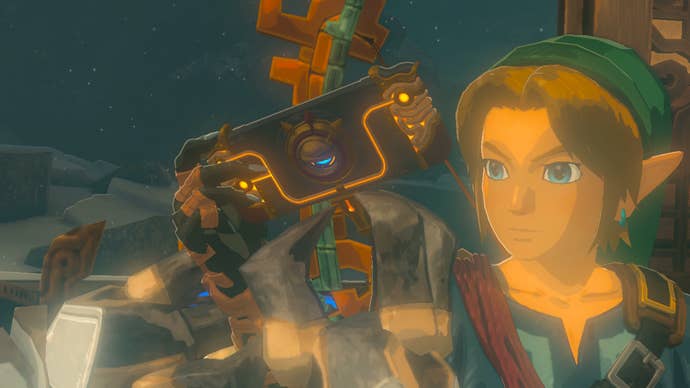 Link activating Pikida Stonegrove Skyview Tower in Zelda: Tears of the Kingdom