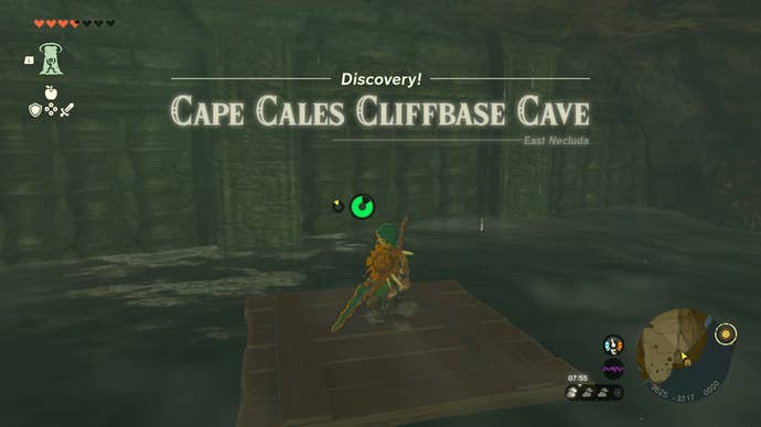 Link standing outside Cape Cales Cliffside Cave in Zelda: Tears of the Kingdom