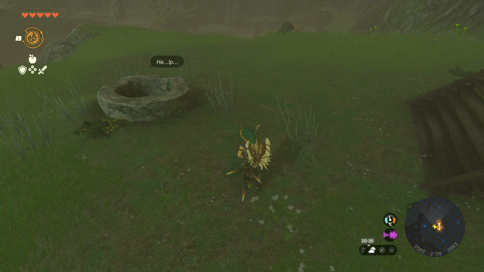 Link investigating the well next to the Popla Foothills Skyview Tower in Zelda: Tears of the Kingdom