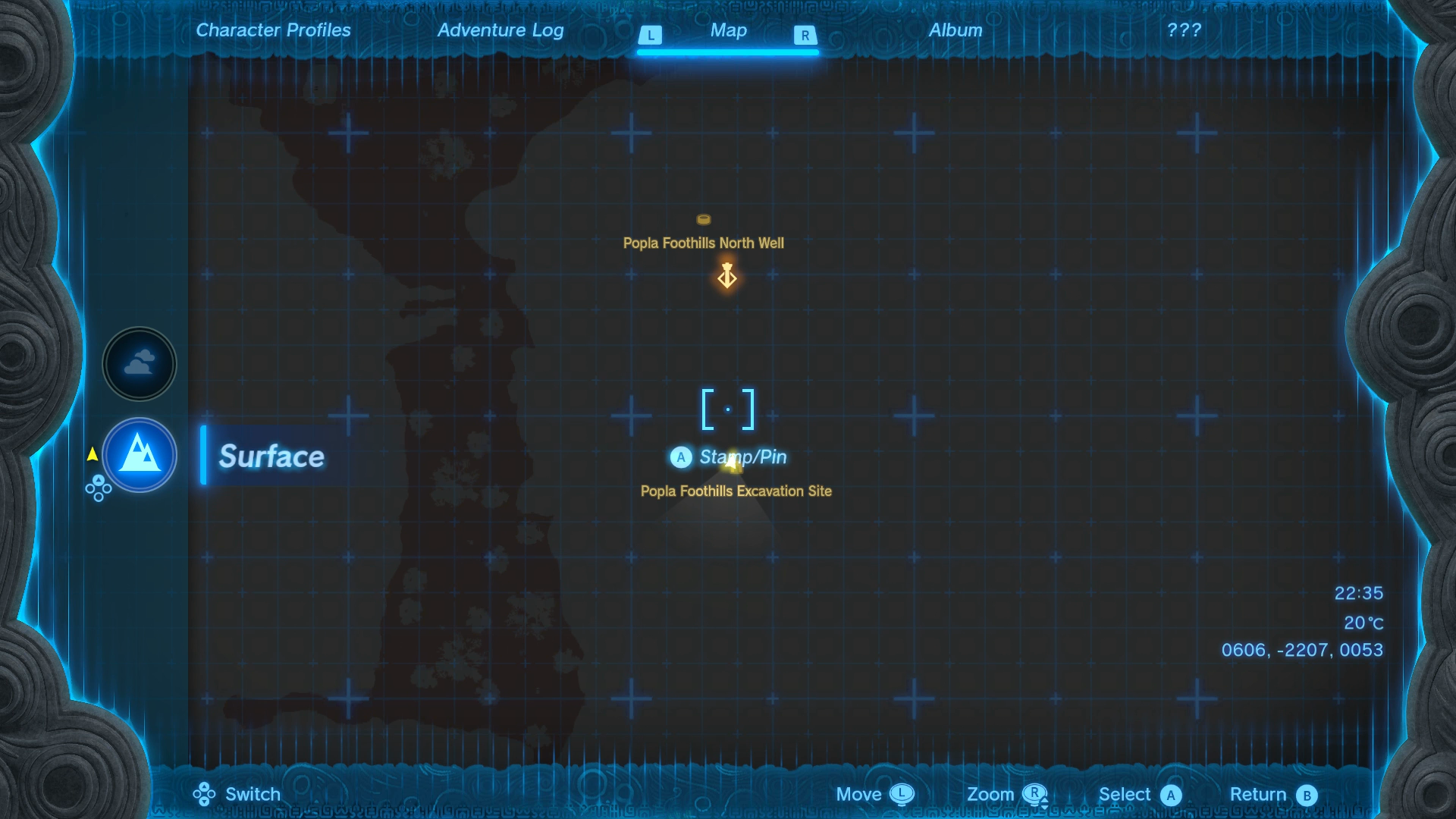 A map screen showing Popla Foothills Excavation Site in Zelda: Tears of the Kingdom