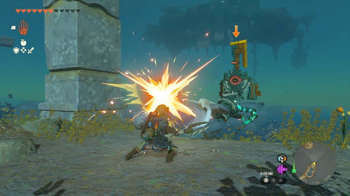 Link using a stone shield to block an attack in Zelda: Tears of the Kingdom
