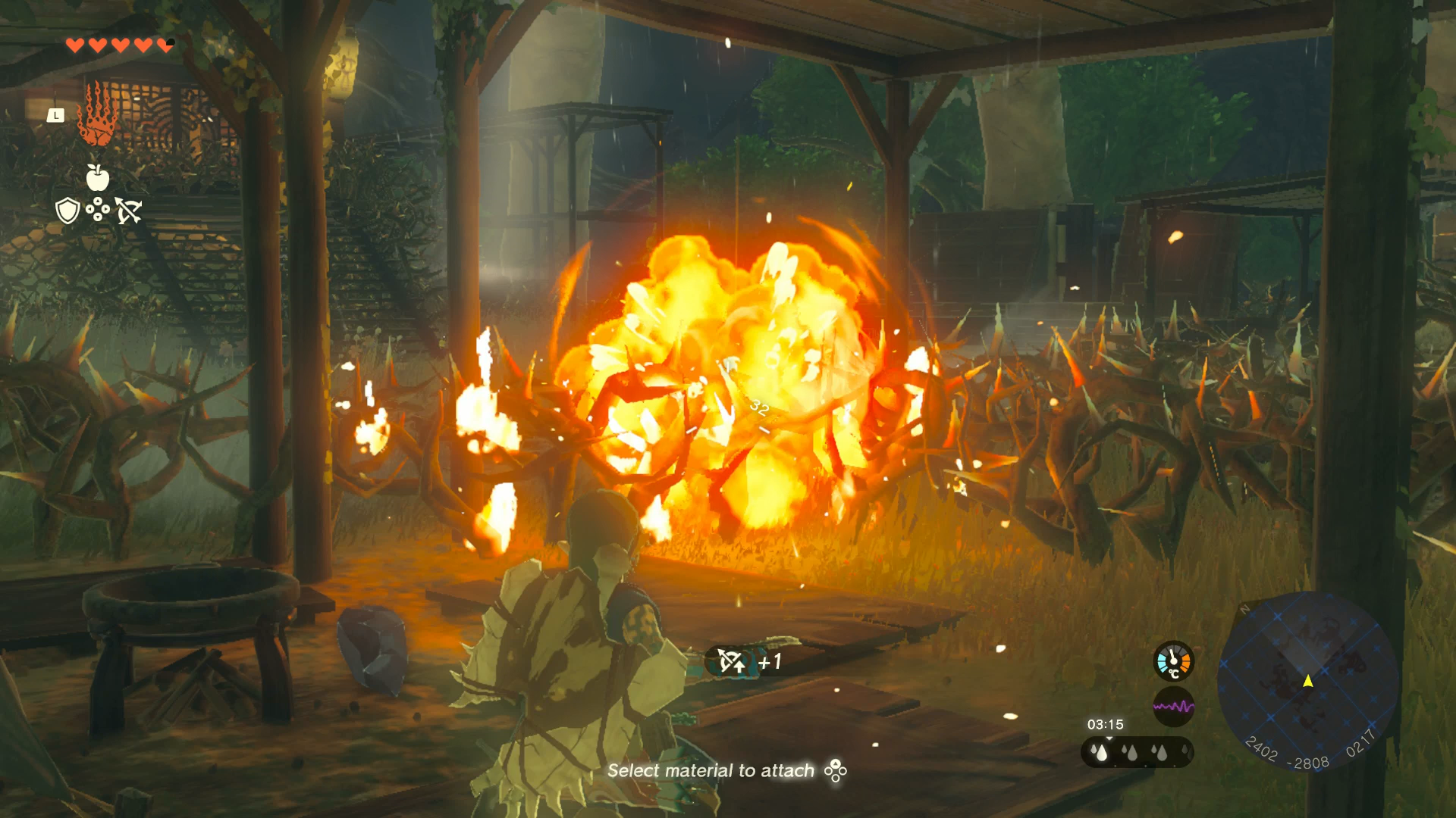 Link using a fire fruit to light some thorny bushes in Zelda: Tears of the Kingdom
