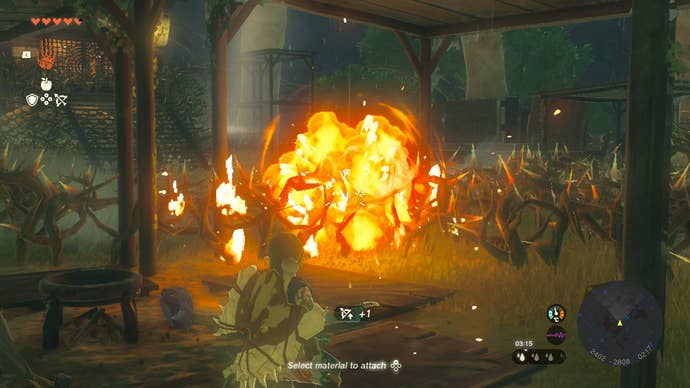 Link using a fire fruit to light some thorny bushes in Zelda: Tears of the Kingdom