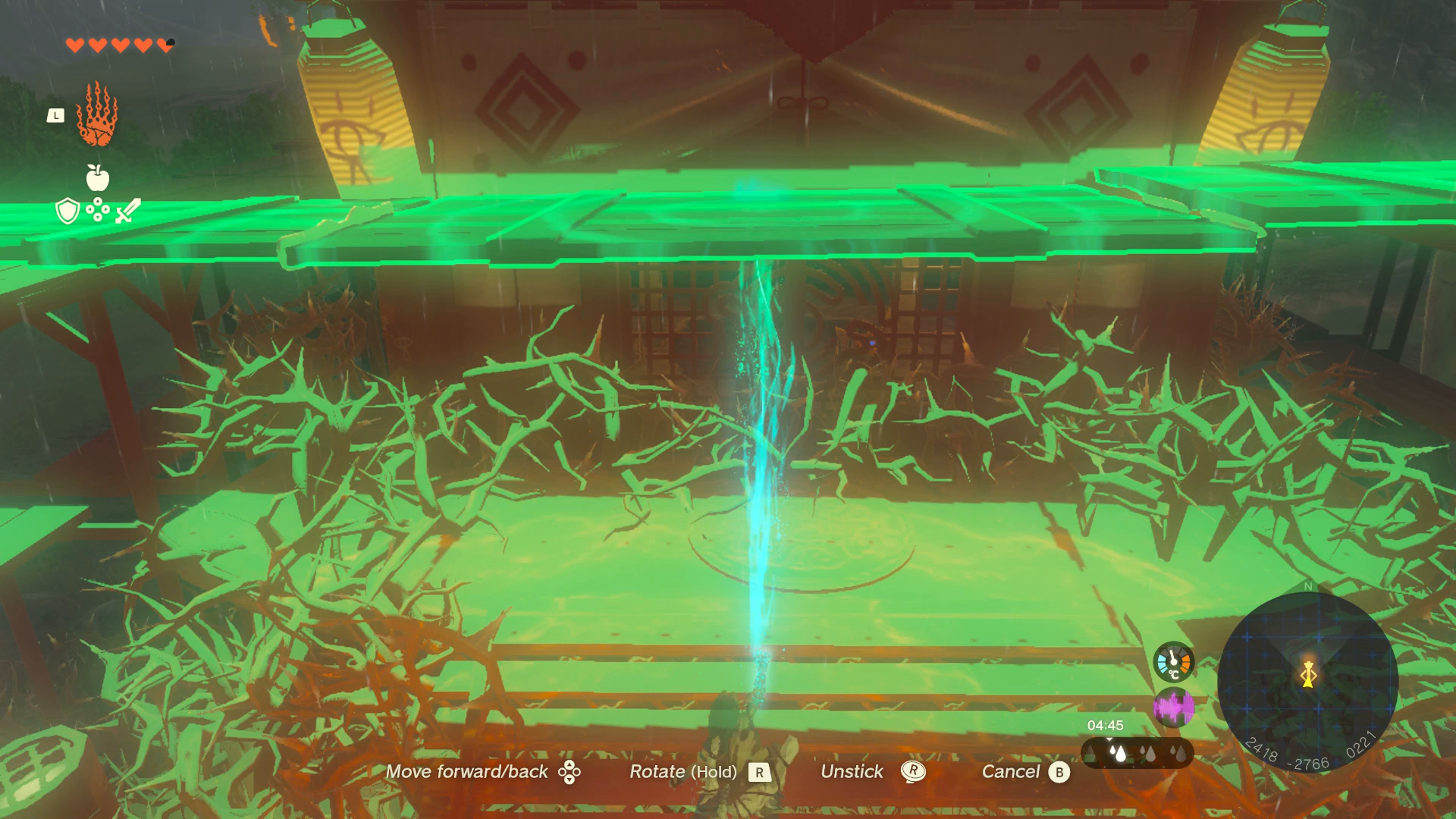 Link using the Ultrahand power to place some planks over Rabella Wetlands Skyview Tower in Zelda: Tears of the Kingdom