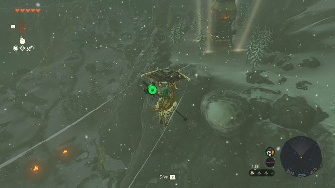 Link gliding towards Rospro Pass Skyview Tower in Zelda: Tears of the Kingdom