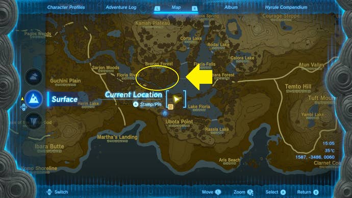 A map screen showing the location of the Rumored Beast in Zelda: Tears of the Kingdom