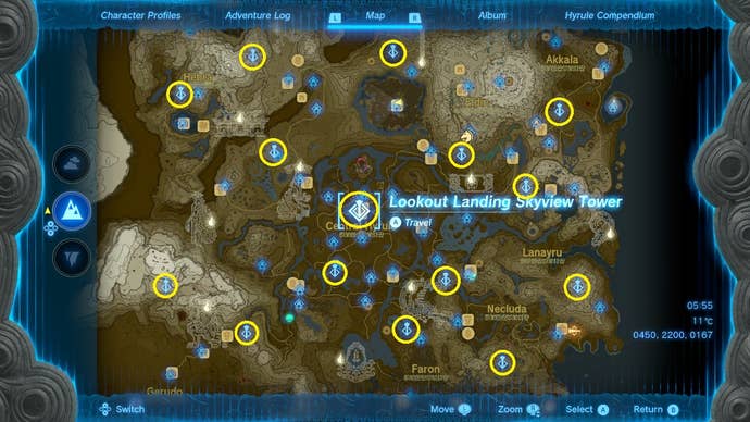 A map screen showing all of the Skyview Tower locations in Zelda: Tears of the Kingdom