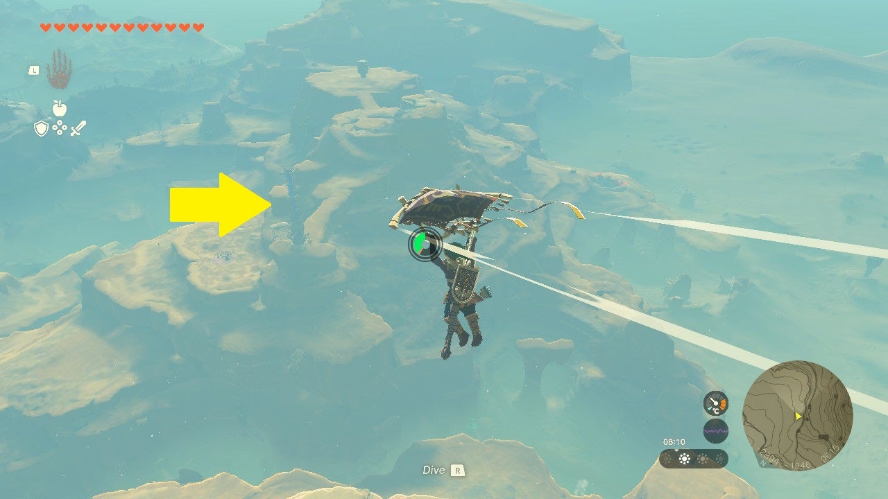 Link using his paraglider to soar towards a Skyview Tower in Zelda: Tears of the Kingdom